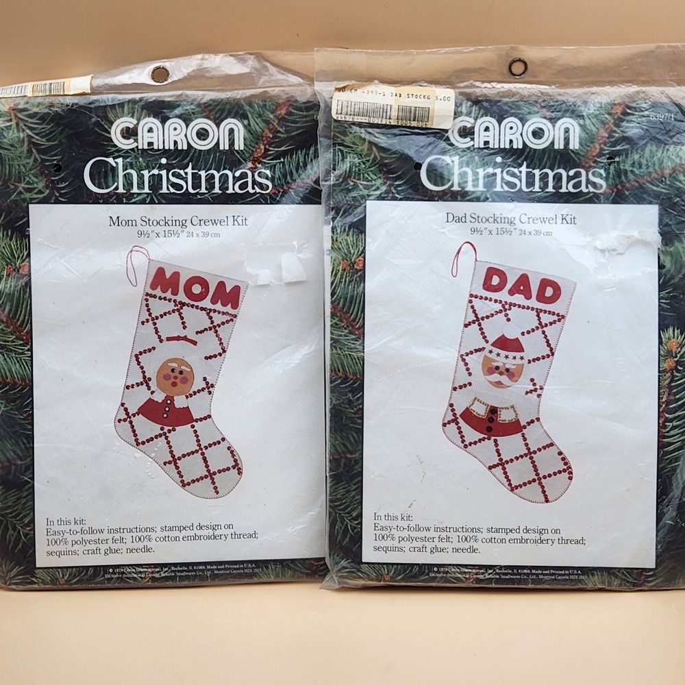 Caron Vintage Christmas Stocking Crewel Kit Sequin Embroidery Mom Dad NOS Lot